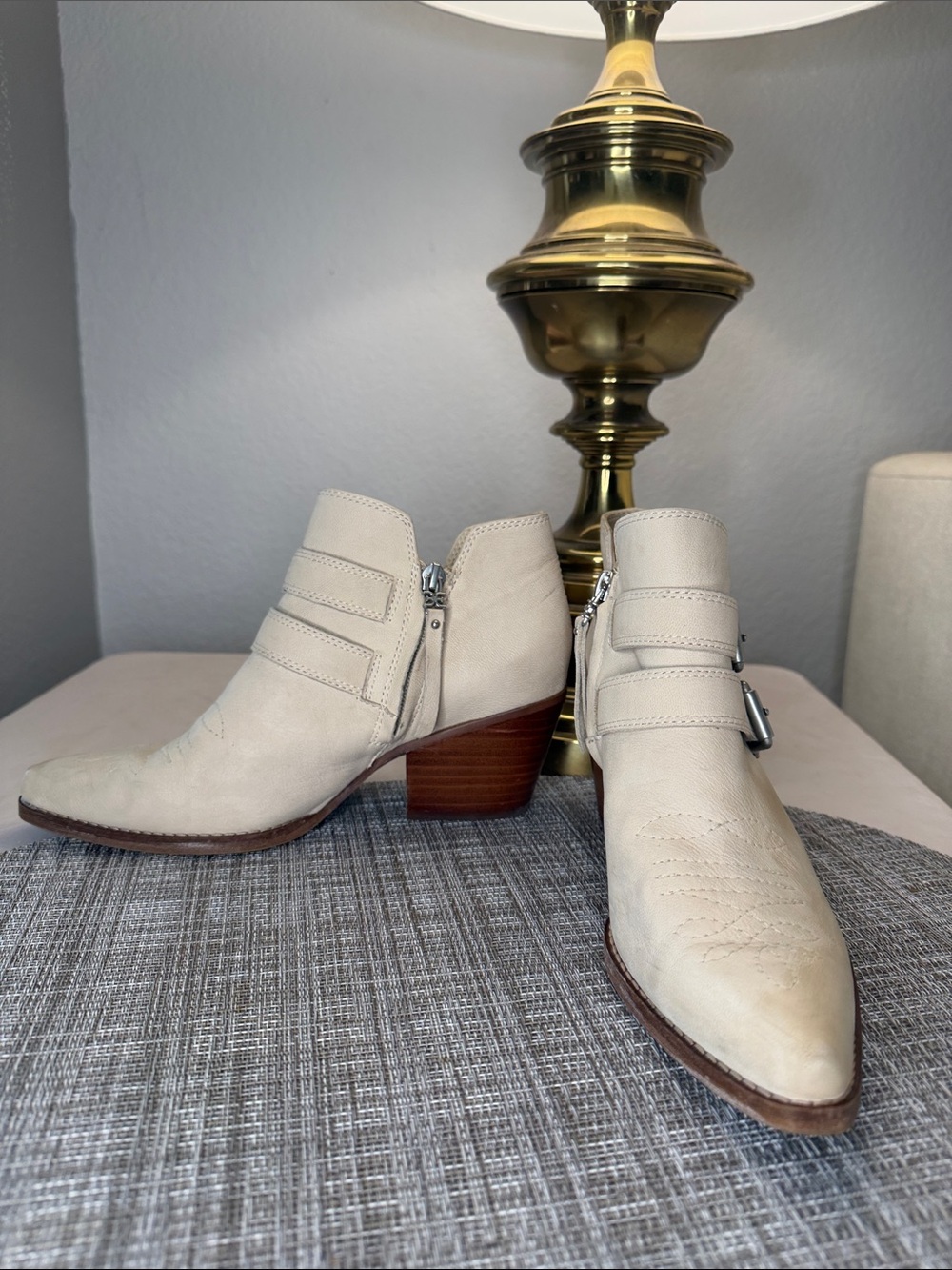 Sam Edelman Cream Western-Inspired Leather Ankle Booties